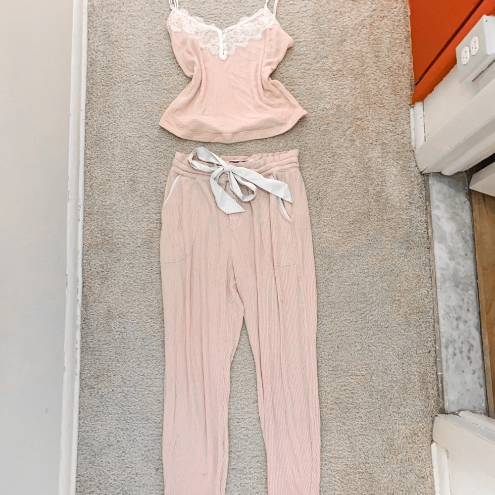 SOLD Abercrombie & Fitch Soft Ribbed Baby Pink Pajama Set with Lace Trim